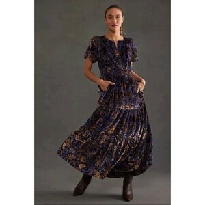 Anthropologie Velvet Burnout Floral Maxi Dress Purple Gold Smocked Tiered‎ Small
